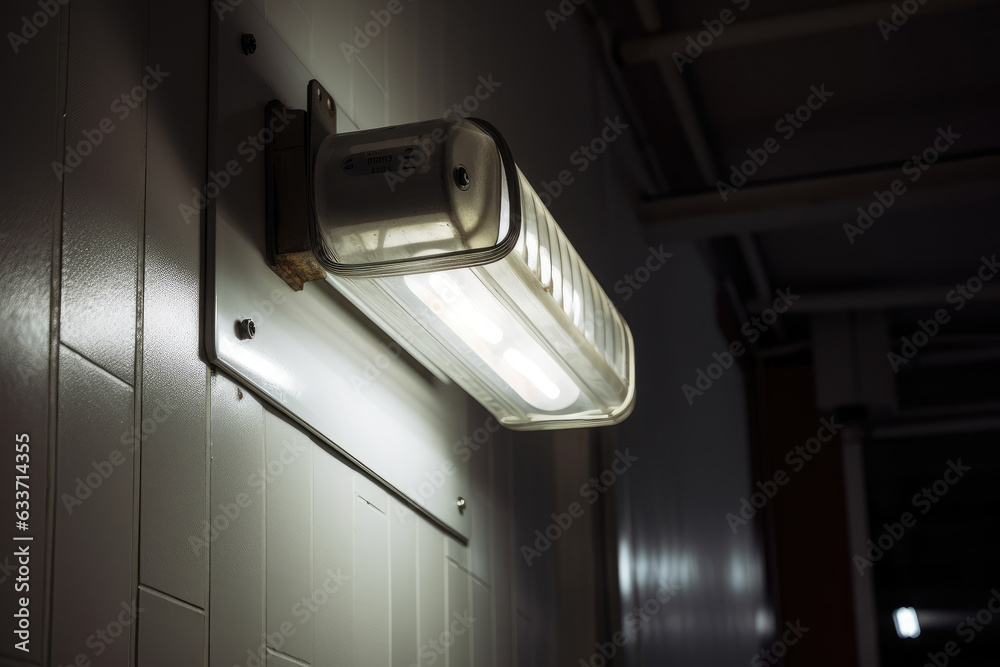 Macro shot of a wall-mounted emergency light fixture with two bright white lights illuminating a dimly lit factory floor Macro shot of a wall-mounted emergency light fixture with two bright white lights illuminating a dimly lit factory floor