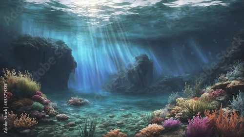 Tranquil underwater scene with colorful marine plants and coral reef in clean water on sea bottom and sun rays from surface. Beautiful undersea background 3D animation rendered in 4K