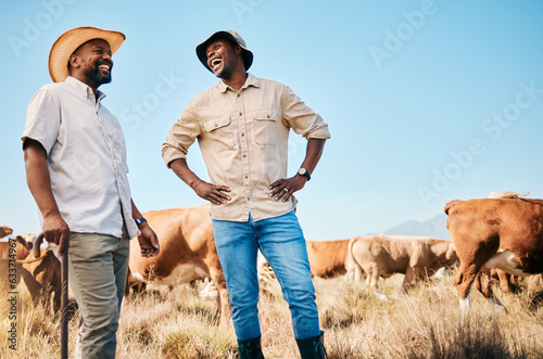 Fototapeta Farmer, men and team, cow and agriculture with livestock, sustainability and agro business in countryside