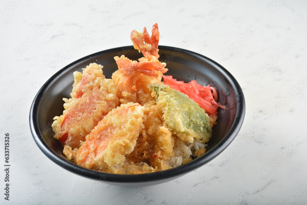 japanese deep fried crispy tempura prawn and vegetables rice in black