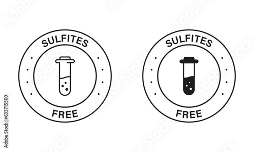 No Sulphites Label. Sulfites Free Black Stamp Set. Product without Sulfate Symbol. Natural Ingredients Sign. Glass Flask, Test Tube, No Chemical in Food Logo. Isolated Vector Illustration