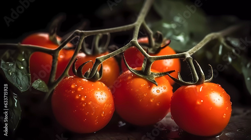 Branch with fresh red tomatoes in the black surface. Generative AI technology.