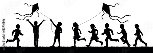 Children playing kites outdoor on grass field vector silhouette set.