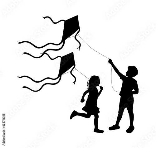 Children playing kites vector black silhouettes.