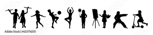 Children various activities vector silhouette set. 
