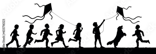 Children playing kites with dog outdoor on grass field silhouette set.