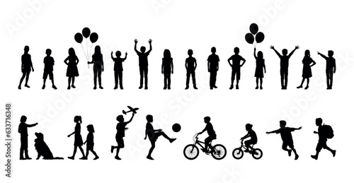 Children standing together in row silhouettes. Children various poses. Kids different activities outdoor vector silhouette set collection.