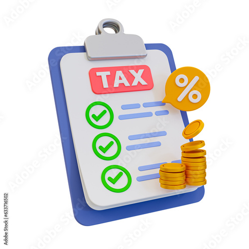 3d minimal accounting taxation concept. tax rising. paying taxes. tax clipboard with a pile of coins and percent tag. 3d illustration.