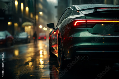 Sports car on a street of a big city in the rain
