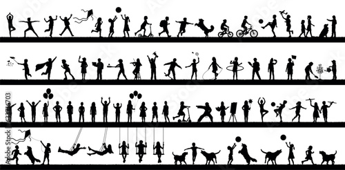 Children outdoor various activities hobbies and sports in row black silhouettes set large collection. Kids playing together outside black silhouettes.