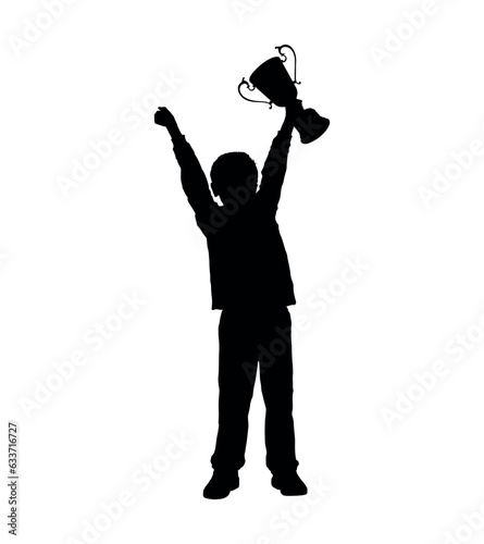 Little boy holding trophy on white background vector silhouette.