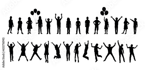 Kids standing and jumping in row on white background vector silhouette set collection.