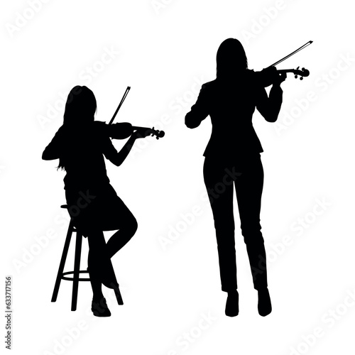 Little girl and adult woman playing violin together black silhouette.