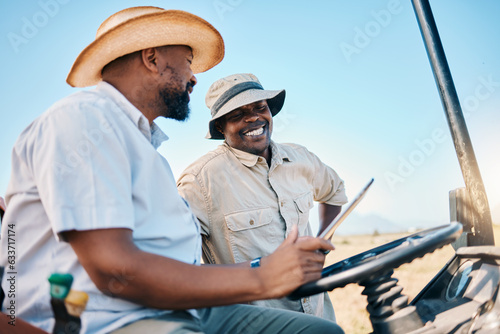 Game drive, safari and men with tablet for direction in Kenya desert with car for travel transport. Holiday, tour guide and driving with tech for adventure, holiday and journey info with employees