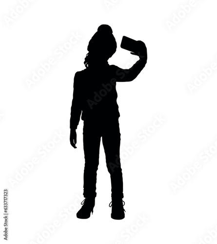 Little girl taking photo selfie vector silhouette.