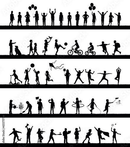 Silhouettes of children doing various outdoor activities hobbies and sports outdoors on grass field vector set collection.