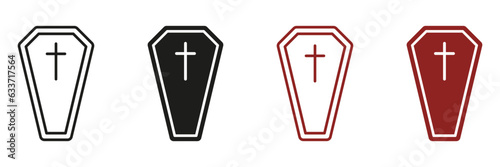 Coffin Casket Line and Silhouette Icon Set. Halloween Holiday Decoration Black and Color Symbol Collection. Spooky Death, Wooden Grave, Funeral Pictogram. Isolated Vector Illustration