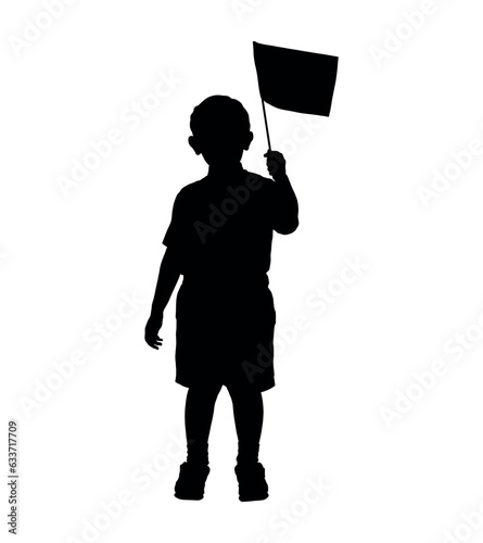 Boy holding flag silhouette. Little boy waving small flag black silhouette.