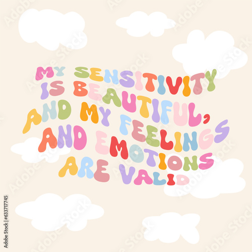 Cute motivational card or banner in retro 70s groovy style. Positive inspirational quote with colorful world and clouds on beige background. Trendy typography. Aesthetic post template for social media