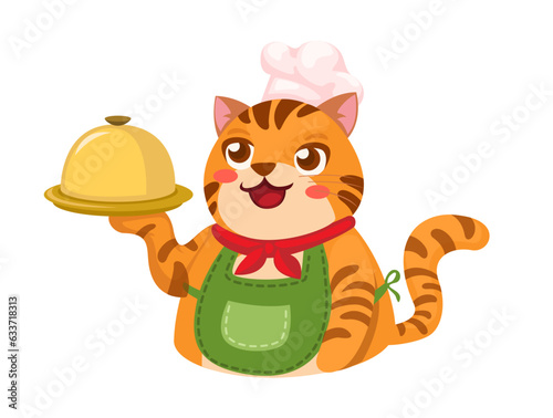 Cat Hold Food Tray Mascot Cartoon illustration Vector