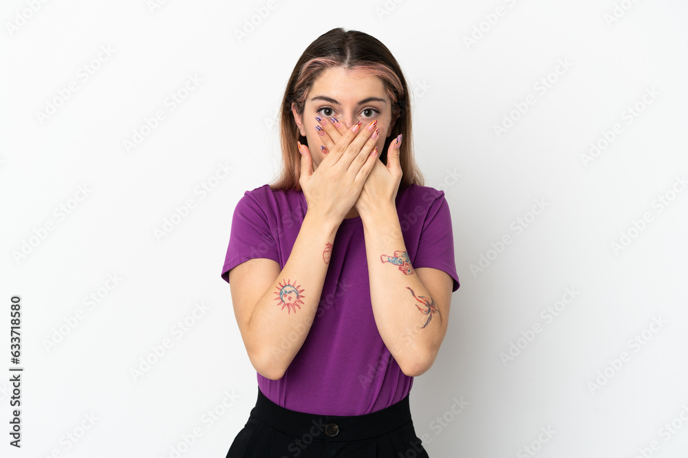 Young caucasian woman isolated on white background covering mouth with hands Young caucasian woman isolated on white background covering mouth with hands