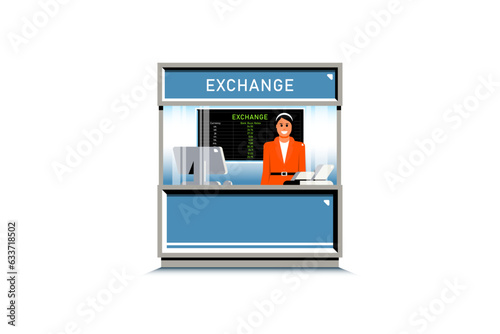Counter currency exchange service with female employee on isolated background, Digital marketing illustration.