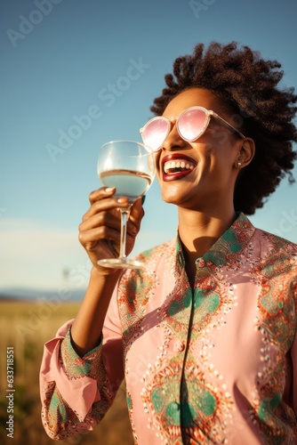A vibrant woman stands outside with a glass of wine in hand, wearing a cheerful smile and stylish sunglasses, radiating confidence and freedom under the clear blue sky