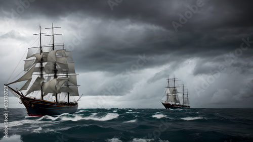 荒波の海を航海する帆船