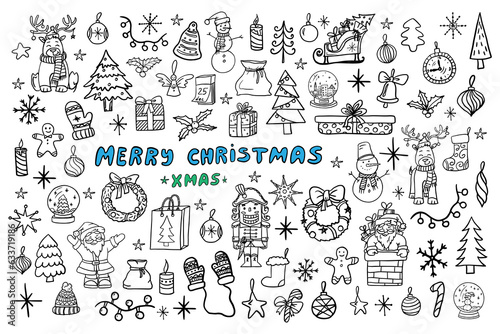 Big set of Christmas and New Year clipart in doodle style. Cute illustration for design, greeting card, decoration, textile. Hand drawn. Vector illustration EPS10. Isolated on white. Winter.