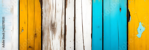 Texture of vintage wood boards with cracked parts white , blue and yellow