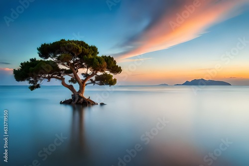 Tree and sea at sunset. Crimea landscape.AI generated