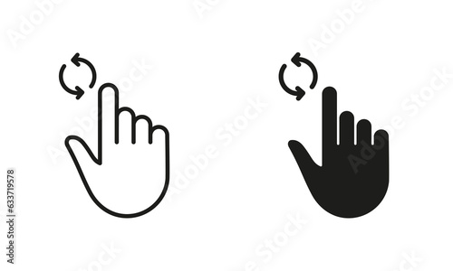 Update, Repeat, Circle Arrows with Hand Finger Line and Silhouette Black Icon Set. Swipe for Refresh Website Page Pictogram. Reload Gesture Symbol Collection. Isolated Vector Illustration
