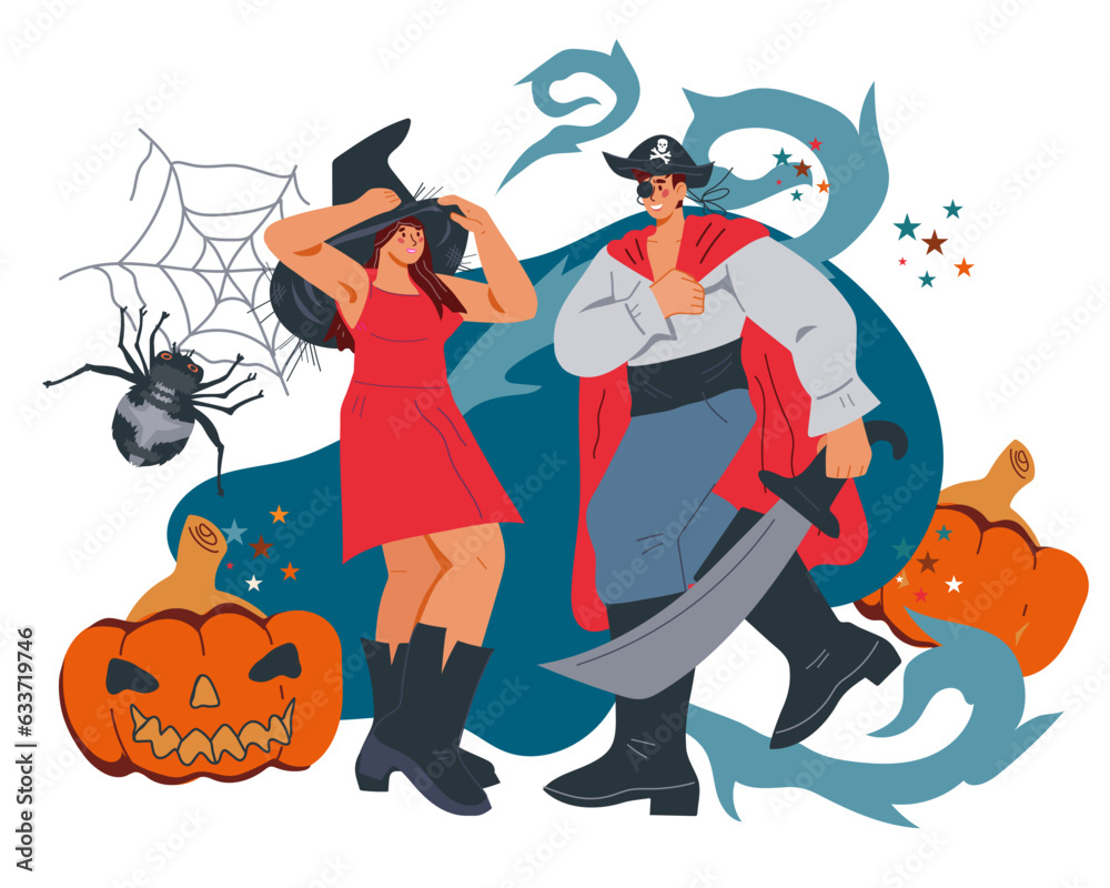 Halloween party invitation or greeting card, banner design. Halloween banner backdrop with people in carnival costumes, flat vector illustration isolated on background. Halloween party invitation or greeting card, banner design. Halloween banner backdrop with people in carnival costumes, flat vector illustration isolated on background.