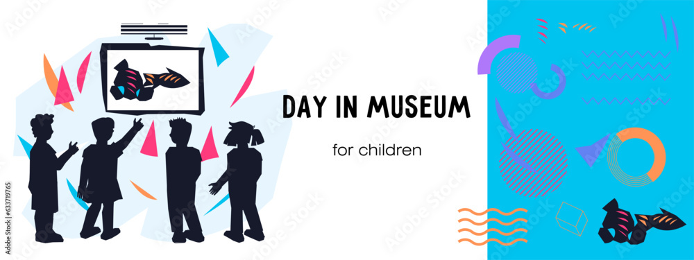 Banner or flyer design for children's excursion to the museum. Museum ticket or poster design with kids looking at exhibits, flat vector illustration.