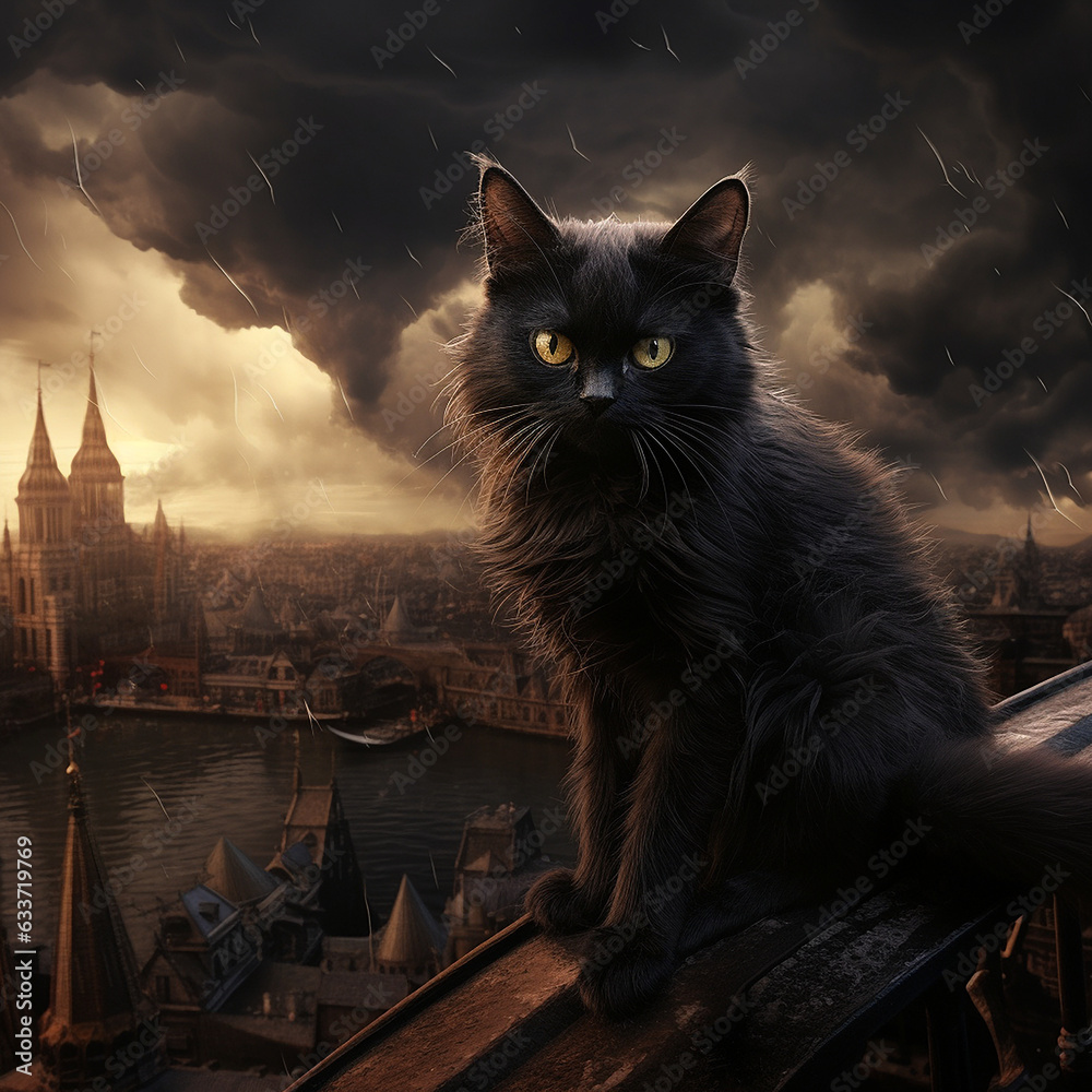 Czarny kot na tle deszczowego miasta - obrazy, fototapety, plakaty 