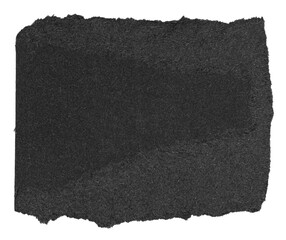 Single piece of isolated ripped crumpled blank black paper with rough edges and blank copy space for text on white or transparent background, png design element
