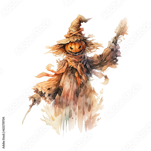 Cartoon halloween scarecrow. Watercolor scarecrow on transparent background. Generative AI