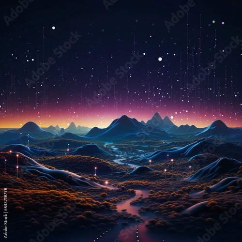 Abstract 3D Digital Landscape: Particles, Stars, and Wireframe Horizon © Depi
