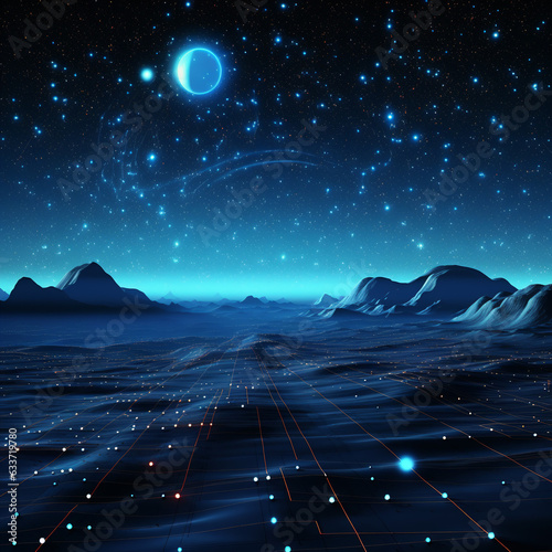 Abstract 3D Digital Landscape: Particles, Stars, and Wireframe Horizon