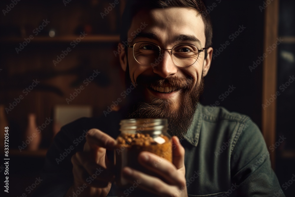 Portrait of a bearded man holding a spice for healthy food in a jar
