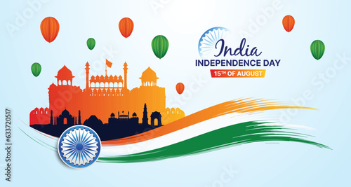 Banner or Header designed of 15th August Happy Independence Day of India, with stylish text, tricolor paint brush stroke, flying air balloon and famous monuments of India. Vector Illustration.