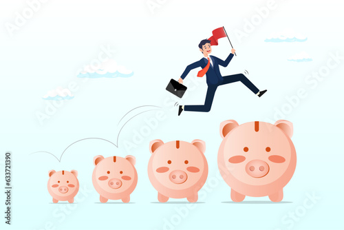 Businessman jumping from small piggy bank to bigger profit to achieve financial goal, investment and savings growth, salary or profit increase, making more money and collect more wealth (Vector)
