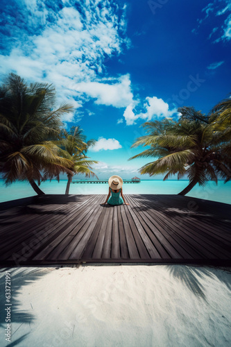 Fototapeta Naklejka Na Ścianę i Meble -  Happy traveller woman in tropical beach vacation