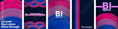  Bisexual Visibility Day Posters. 
3D Geometric Design Templates. Paper cut out theme in Bi Pride Flag Colors. Vector Illustration.