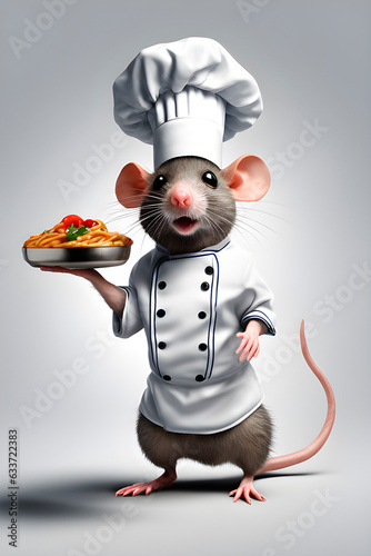 surprised rat in a chef\'s costume with pasta