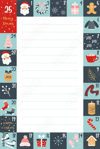 Christmas advent calendar with note list. Traditional symbols and doodle elements. Winter holiday countdown. Santa, wreath, gifts, gingerbread, cocoa, sweater, candle, ice skates etc.