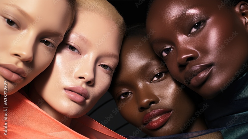 Beauty portrait of diverse women with different skintone. Multinational young female with attractive appearance and different flawless skintone. Peach Taffy palette. AI photography. Beauty portrait of diverse women with different skintone. Multinational young female with attractive appearance and different flawless skintone. Peach Taffy palette. AI photography.