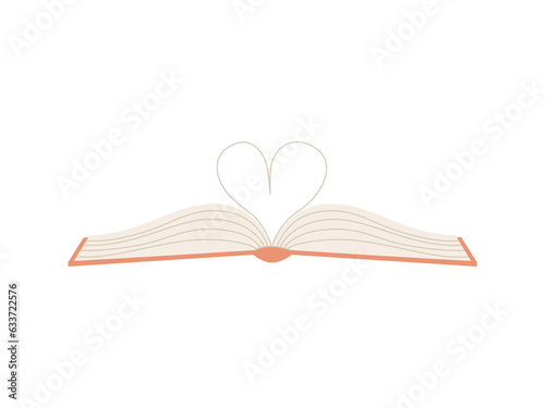 Open book with pages folded in shape of heart. The book is a symbol of knowledge, learning. A concept for lovers of reading, literature and learning. Simple flat vector illustration isolated on white.
