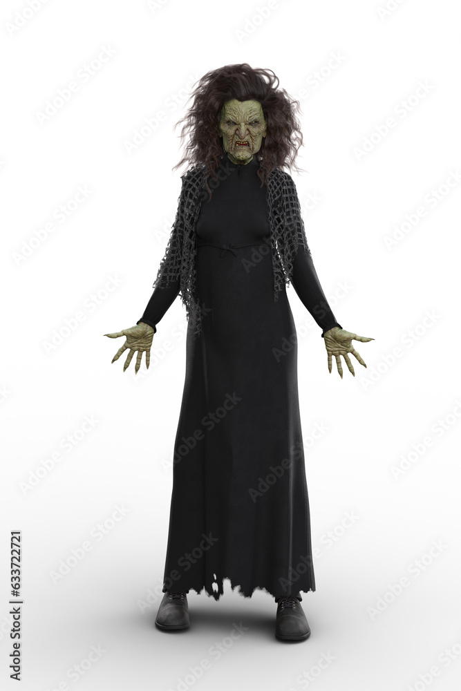 Scary old Halloween witch standing in tattered black dress and shawl. Isolated 3D rendering. Scary old Halloween witch standing in tattered black dress and shawl. Isolated 3D rendering.