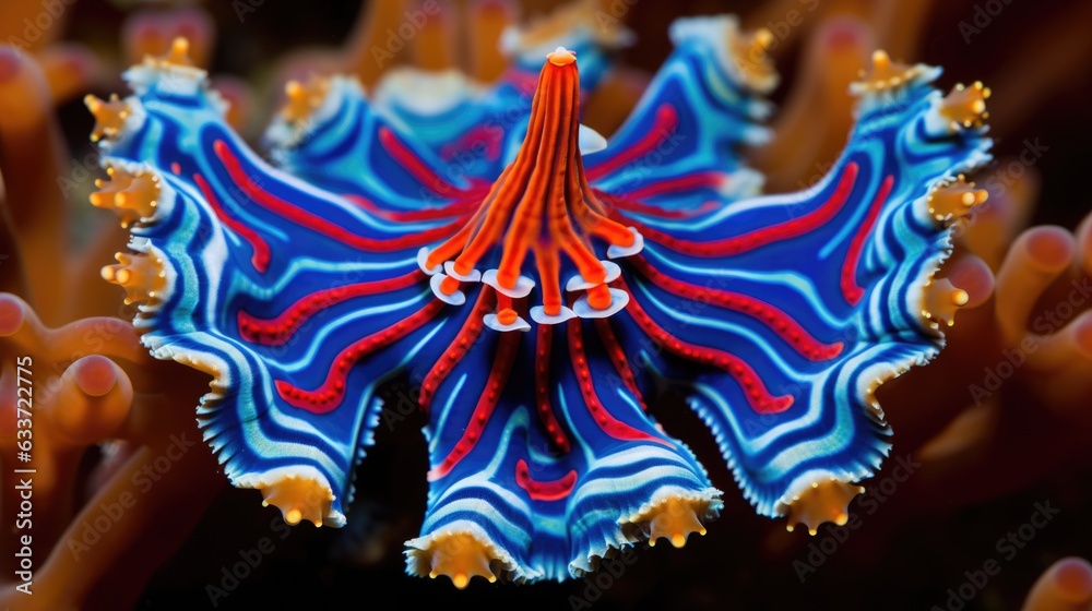 Nudibranch snail vibrant close up texture. Underwater macro world life. AI illustration..